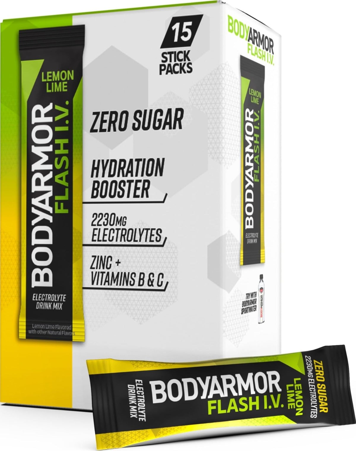 BODYARMOR frontal del empaque mostrando 15 sobres y beneficio de hidratación portátil