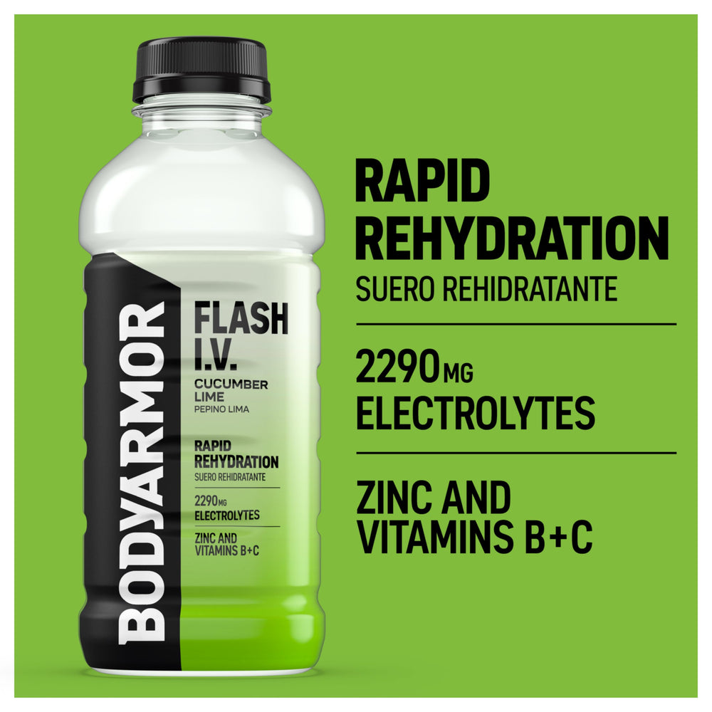 BODYARMOR Flash I.V. etiqueta nutricional visible destacando electrolitos clave