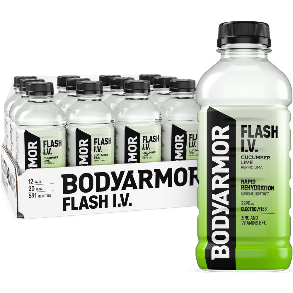 BODYARMOR Flash I.V. frontal pack de 12 botellas mostrando marca y cantidad