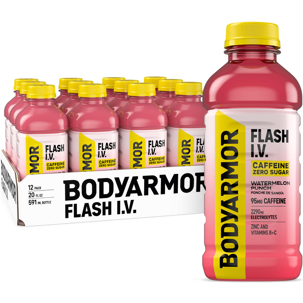 BODYARMOR frente de la botella Watermelon Punch mostrando diseño y beneficio refrescante