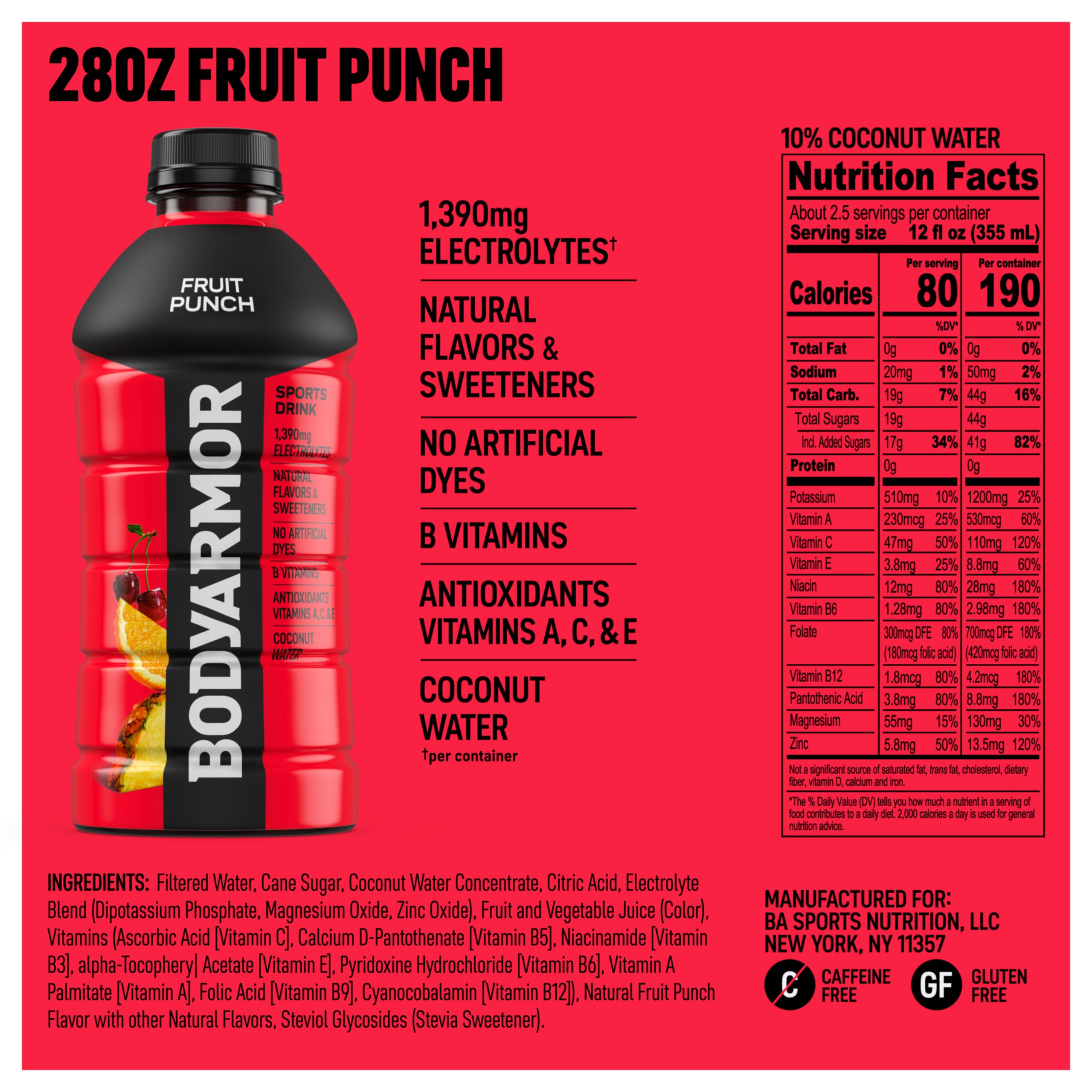 BODYARMOR detalle de etiqueta que resalta electrolitos y agua de coco