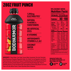 BODYARMOR detalle de etiqueta que resalta electrolitos y agua de coco