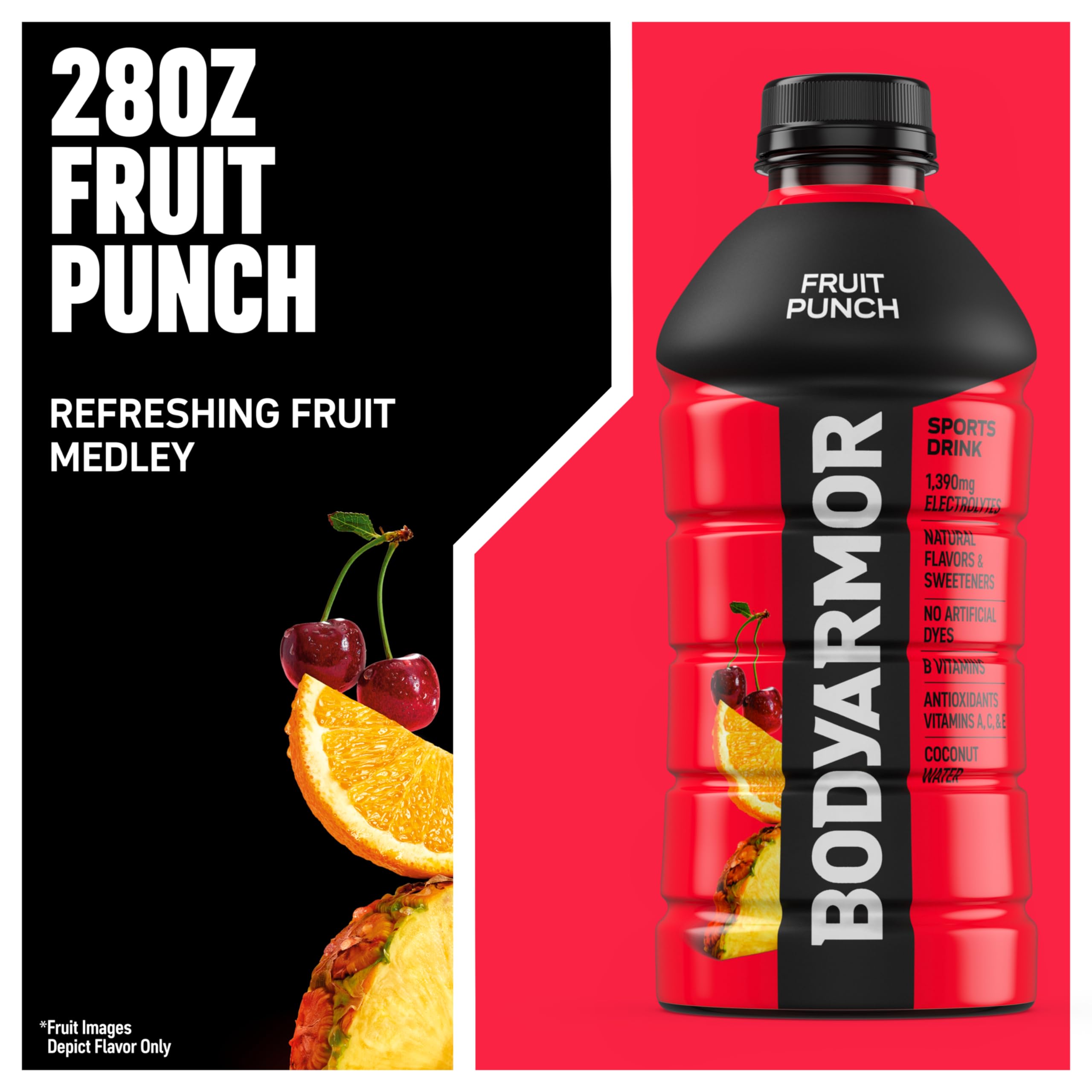 BODYARMOR close-up del líquido fruit punch mostrando color y textura refrescante