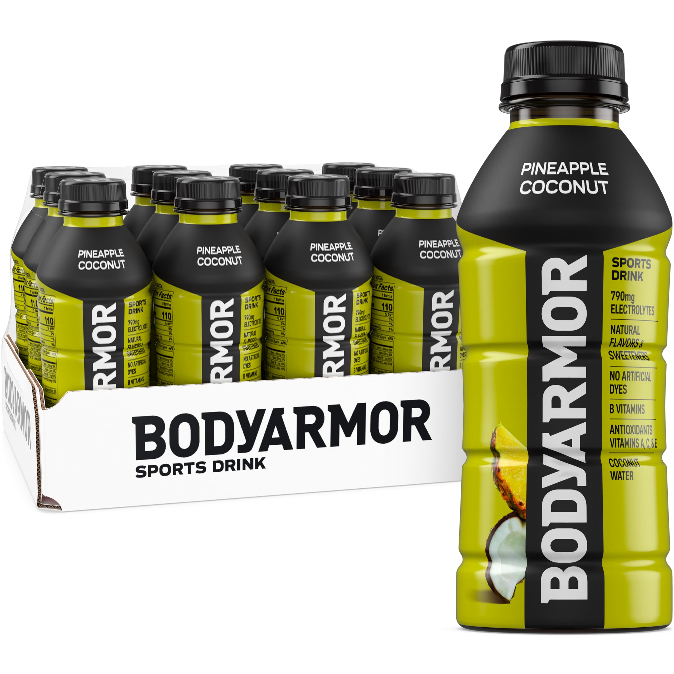 BODYARMOR botella frontal mostrando etiqueta Pineapple Coconut y beneficio hidratación natural
