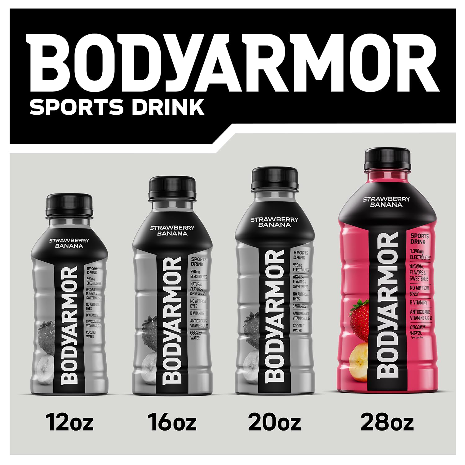 BODYARMOR etiqueta nutricional visible para revisar electrolitos y azúcares