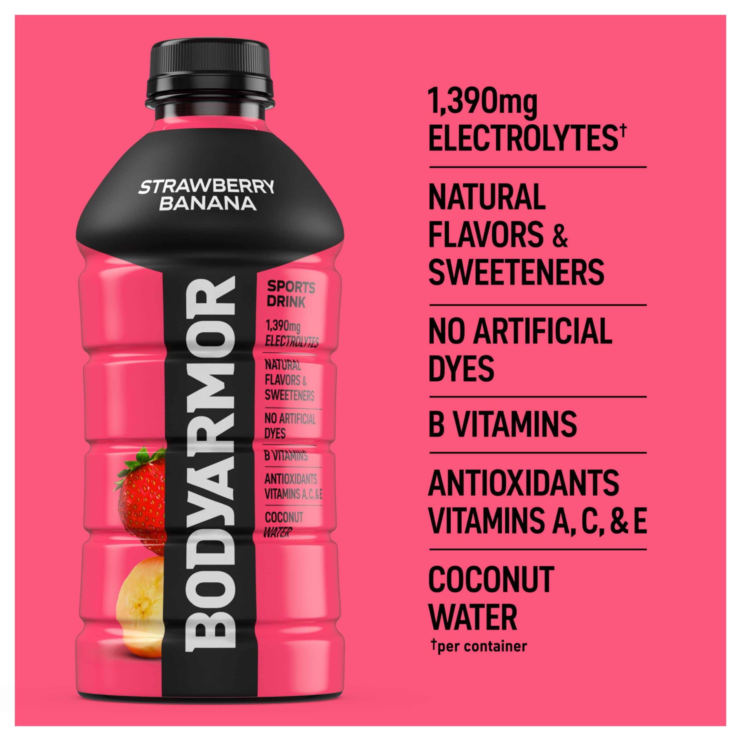 BODYARMOR foco en ingredientes con agua de coco que mejora el sabor