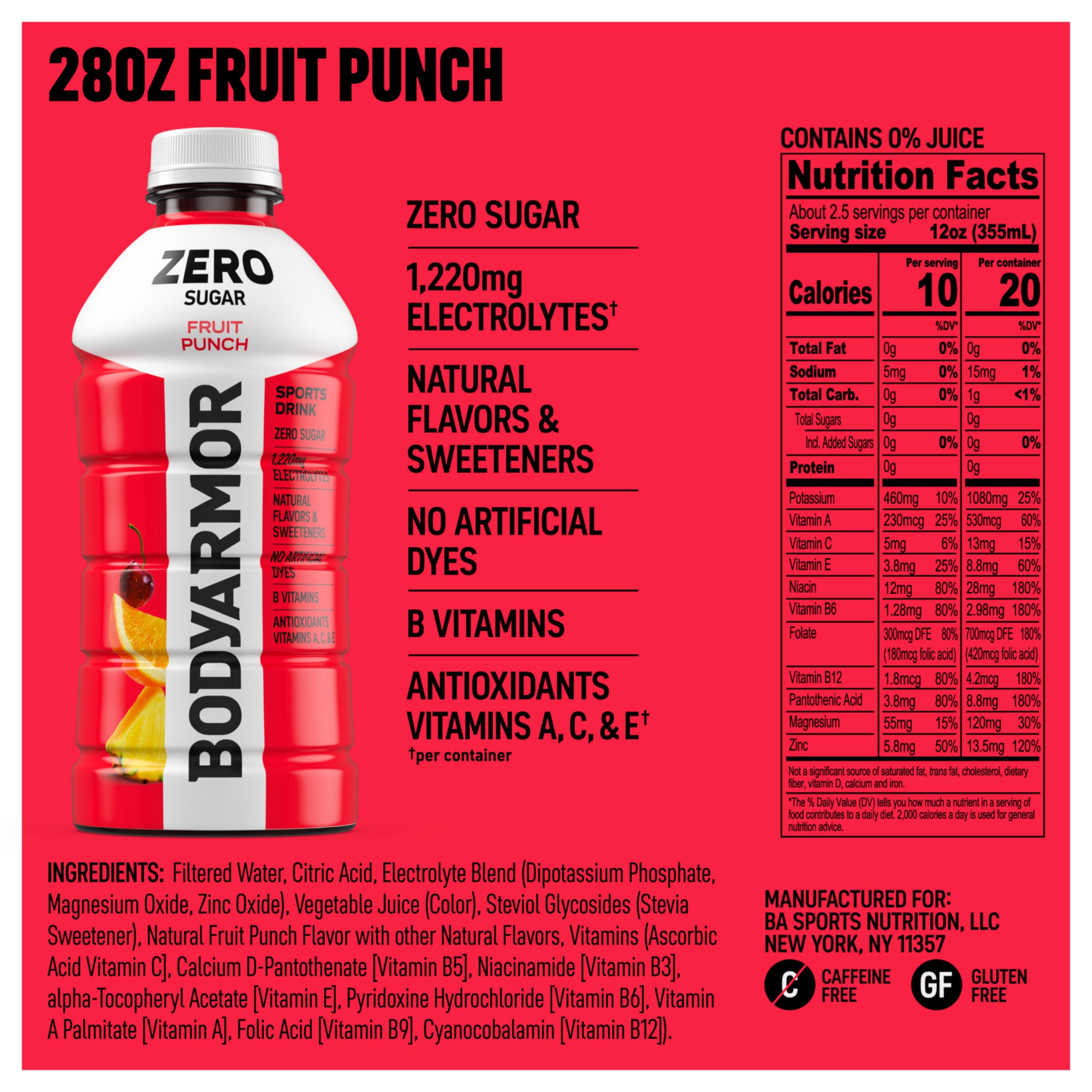 BODYARMOR detalle de etiqueta nutricional que confirma cero azúcar