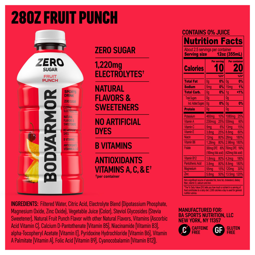 BODYARMOR detalle de etiqueta nutricional que confirma cero azúcar