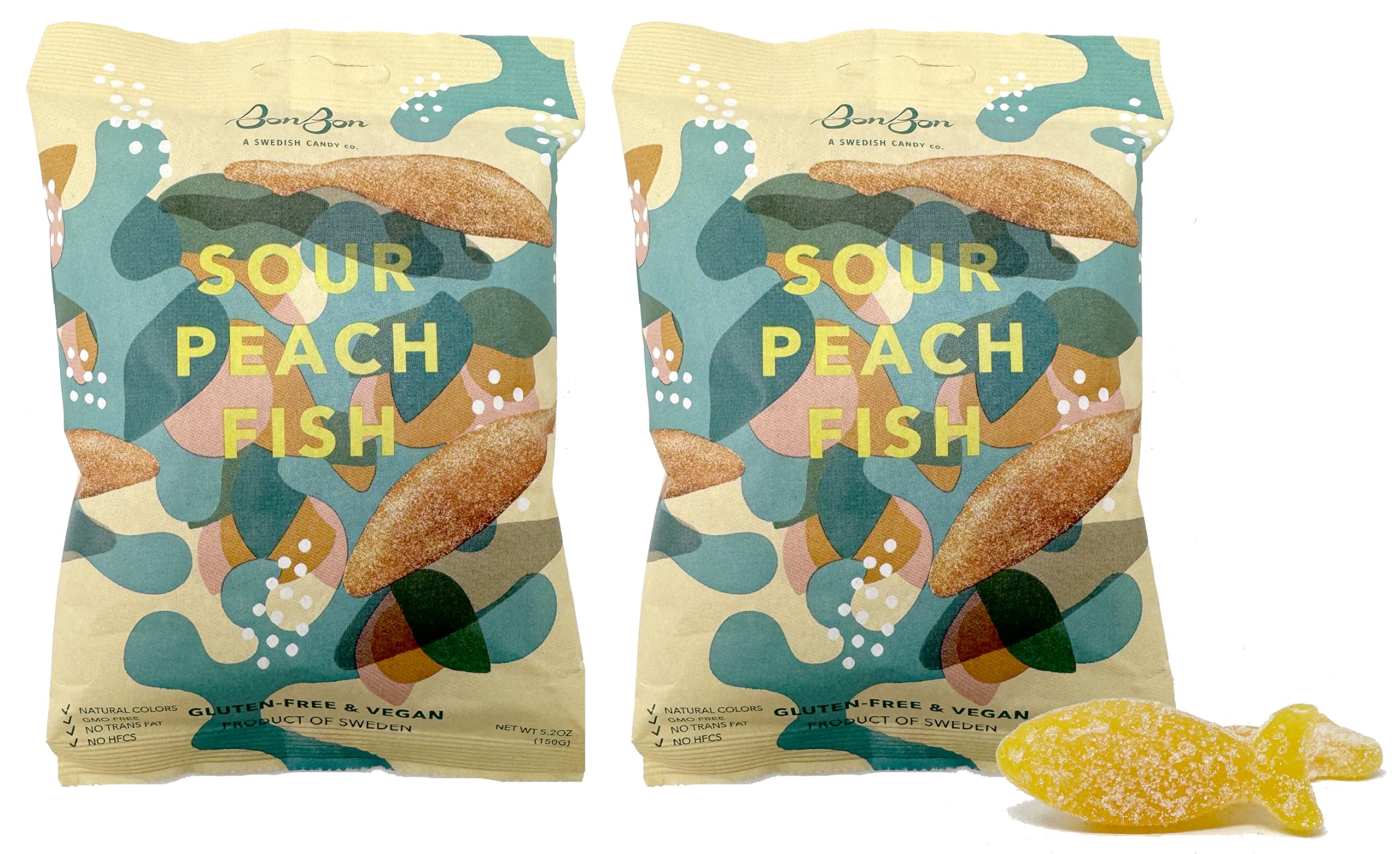 BonBon frente del paquete mostrando peces de durazno y beneficios veganos