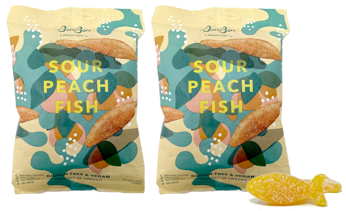 BonBon frente del paquete mostrando peces de durazno y beneficios veganos
