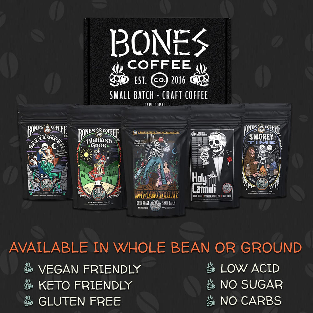 Bones Coffee Company café molido en cuchara listo para cafetera de goteo que facilita preparación rápida