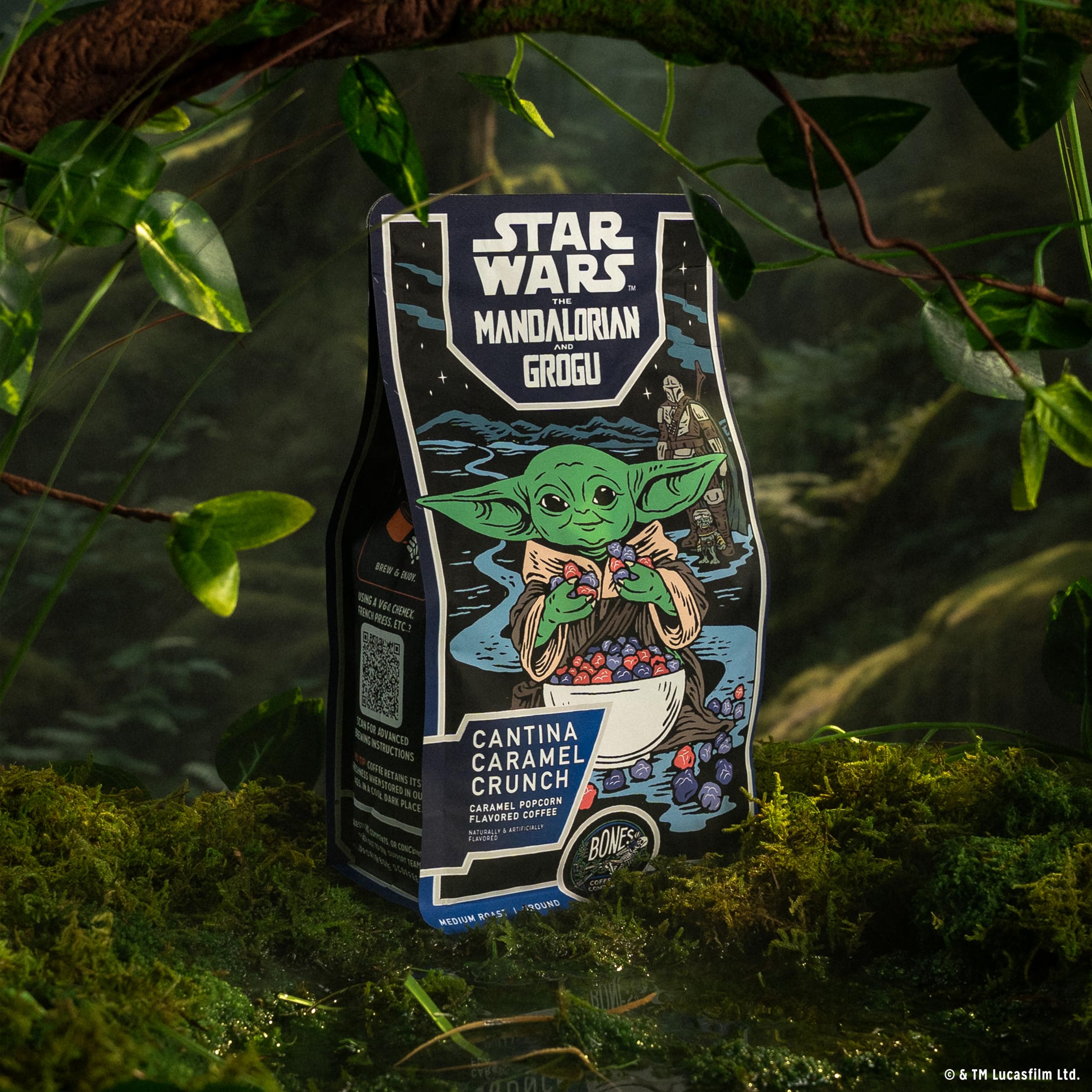 Bones Coffee Company detalle de etiqueta con licencia Star Wars y datos de origen
