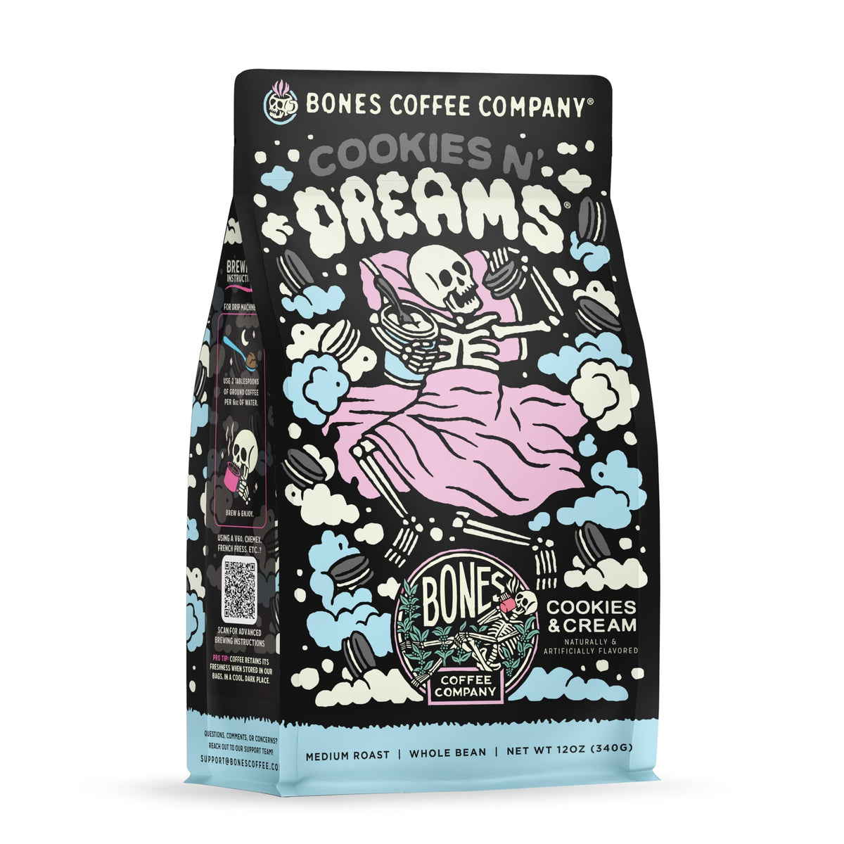 Bones Coffee Company frente del empaque mostrando sabor y beneficio de frescura