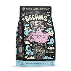 Bones Coffee Company frente del empaque mostrando sabor y beneficio de frescura