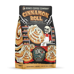 Bones Coffee Company empaque frontal cinnamon roll mostrando 12 oz y beneficio de aroma especiado