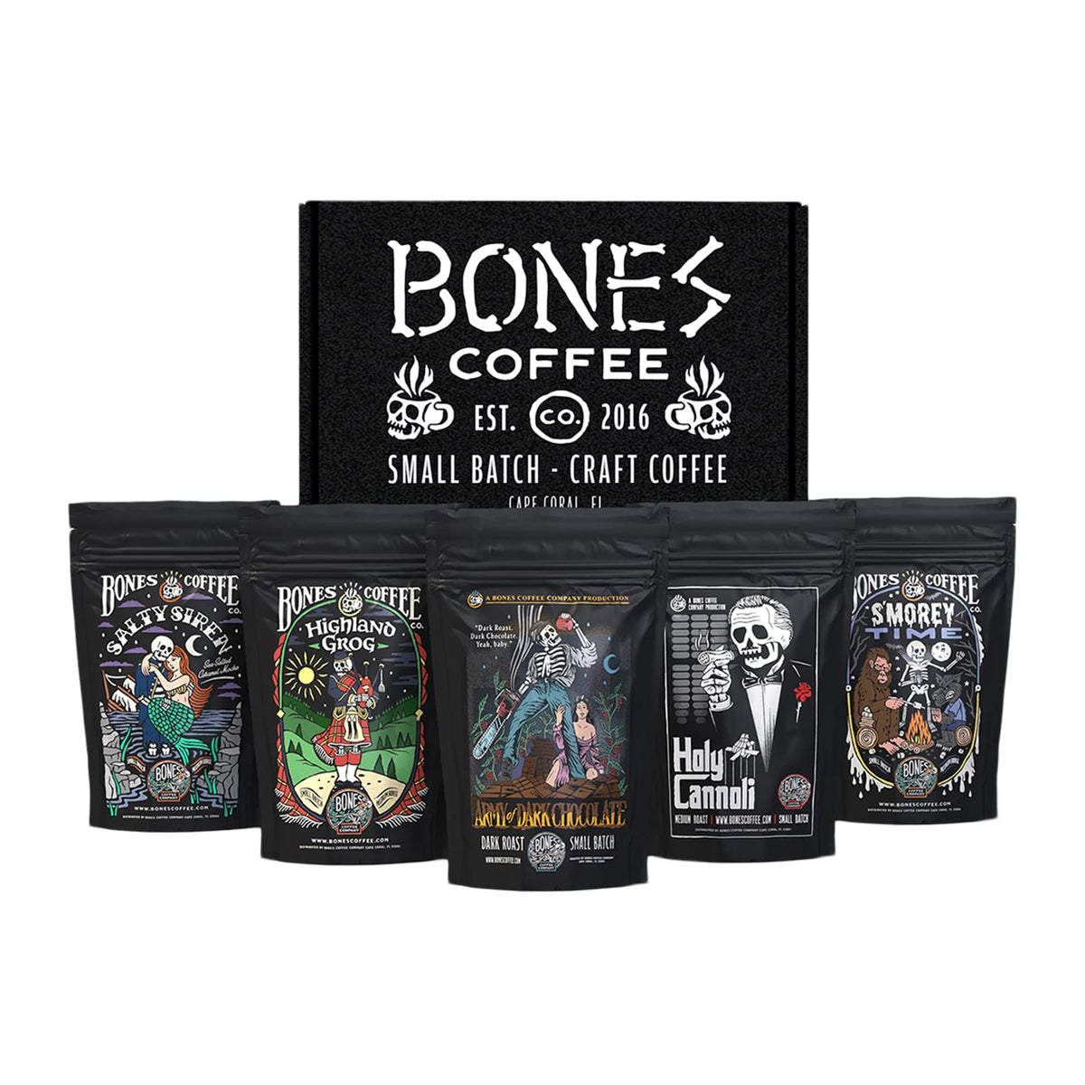 Bones Coffee Company frente del empaque del pack surtido mostrando las cinco bolsas y el beneficio de variedad