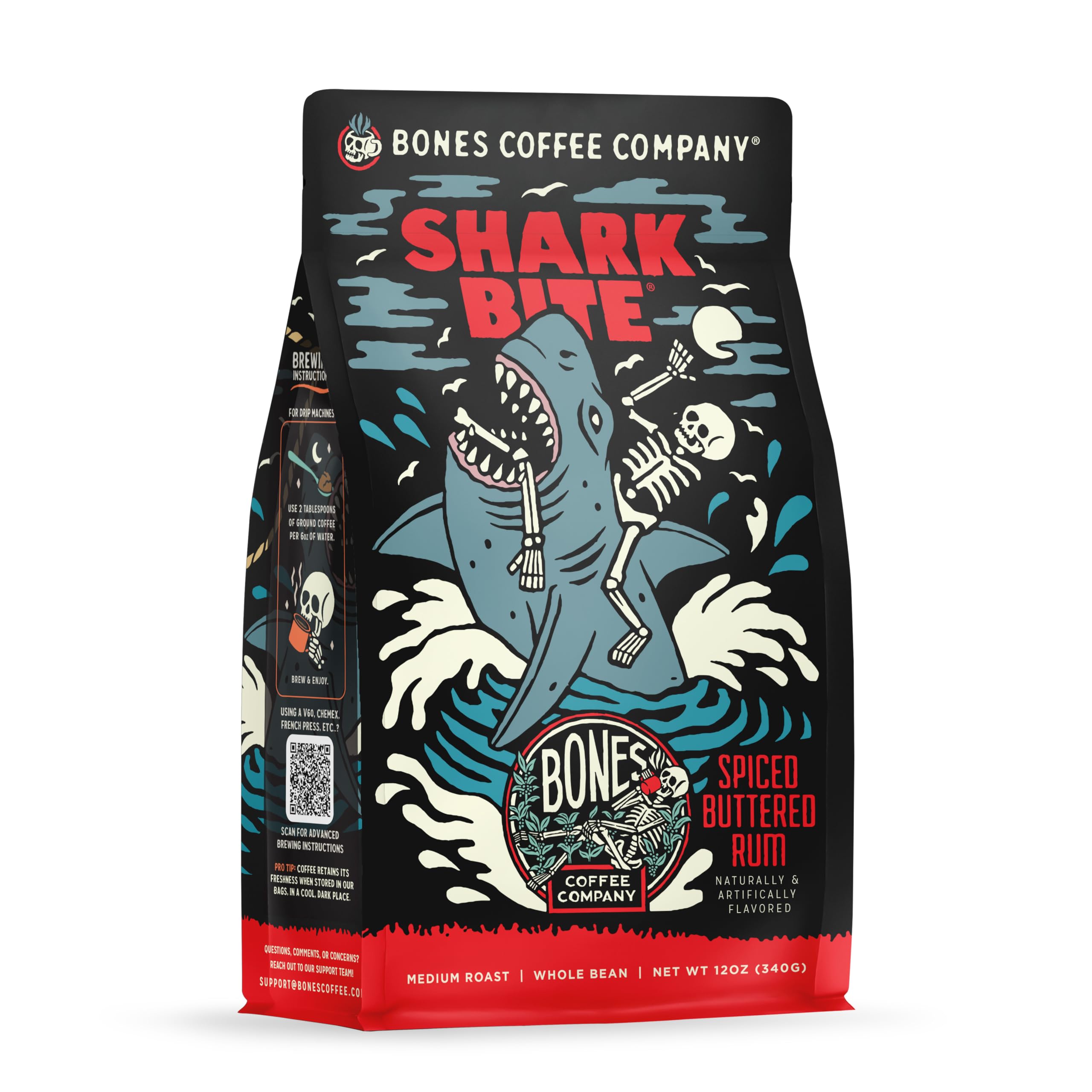 Bones Coffee Company empaque frontal mostrando diseño y sellado resellable