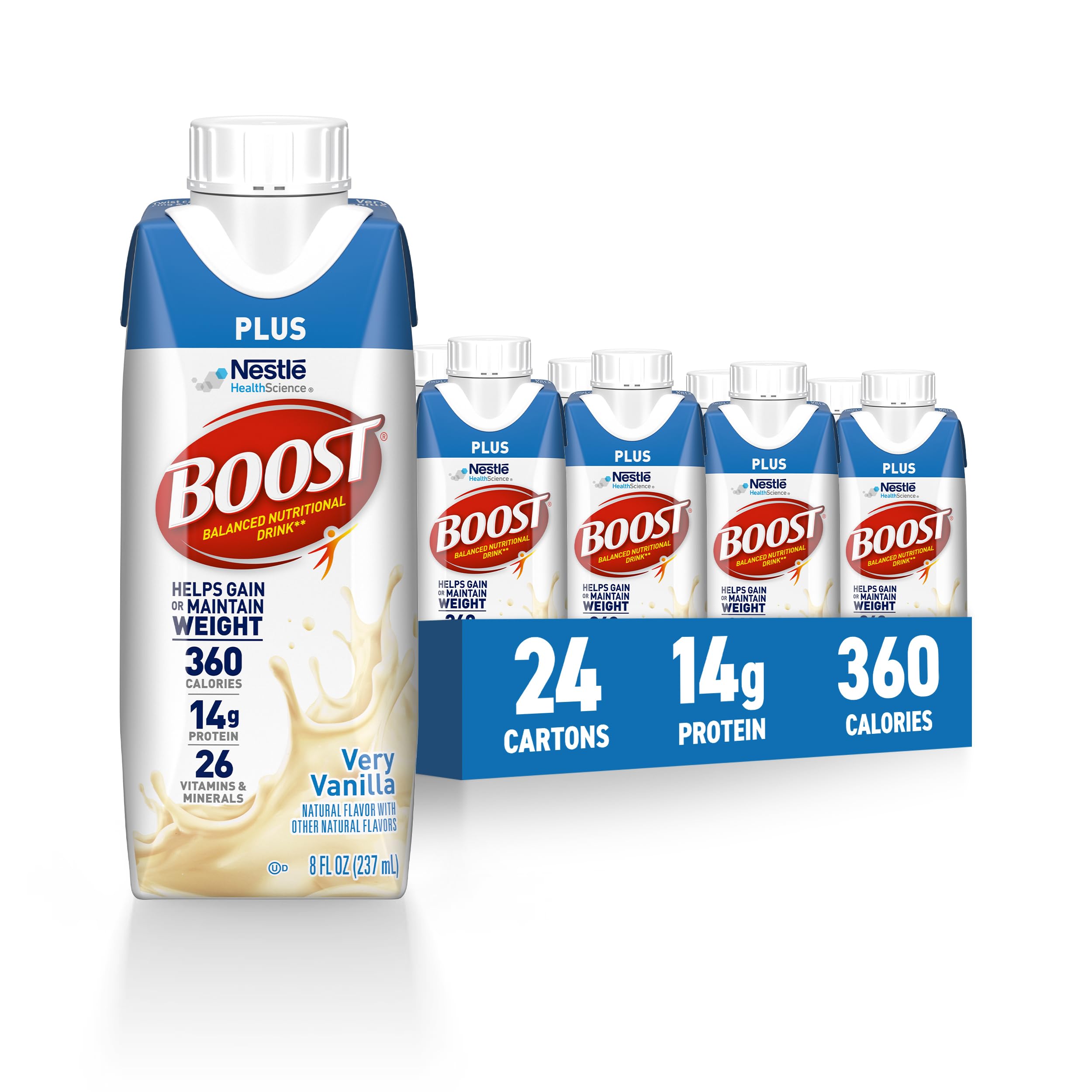 BOOST envase frontal Very Vanilla mostrando calorías y proteína beneficios