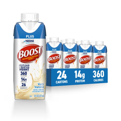 BOOST envase frontal Very Vanilla mostrando calorías y proteína beneficios