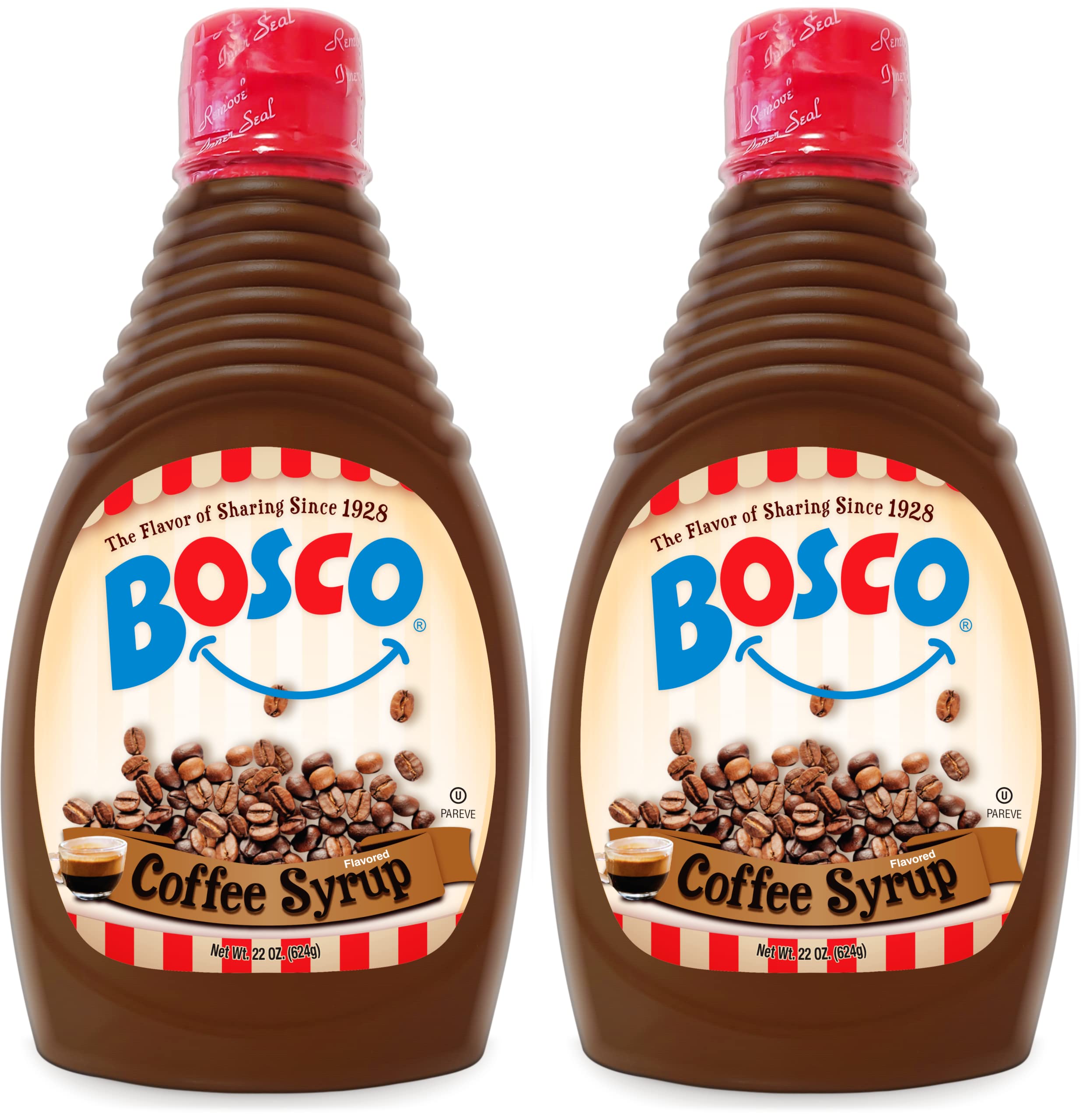 Bosco frente de la botella jarabe de café mostrando etiqueta clara y uso profesional