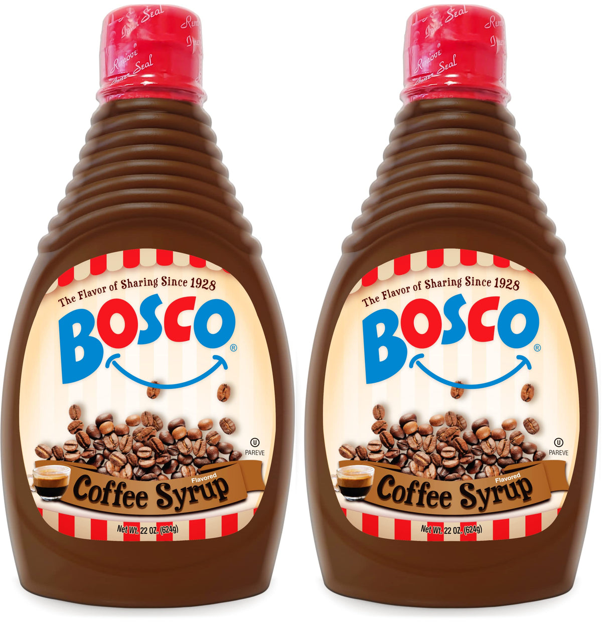 Bosco frente de la botella jarabe de café mostrando etiqueta clara y uso profesional