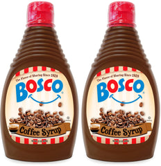 Bosco frente de la botella jarabe de café mostrando etiqueta clara y uso profesional
