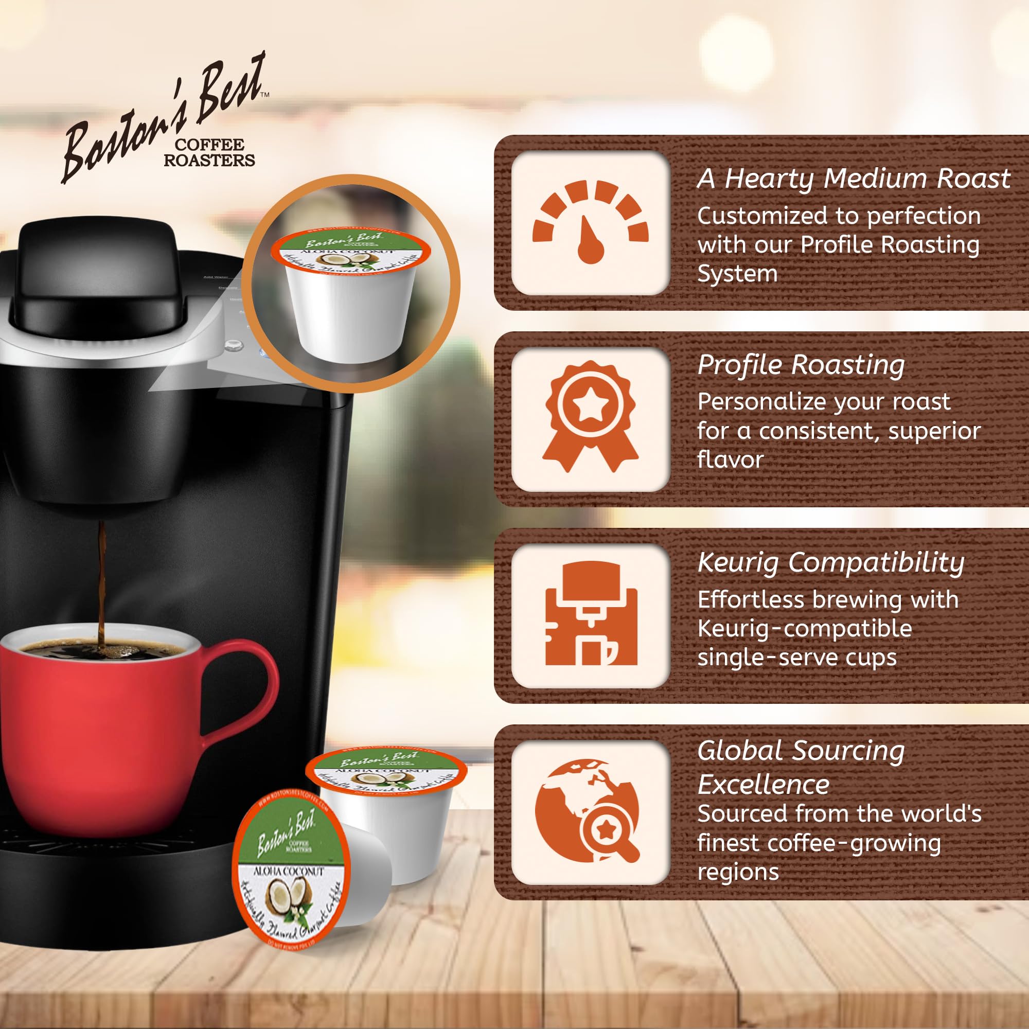 Bostons Best café servido en taza con vapor resaltando aroma a coco