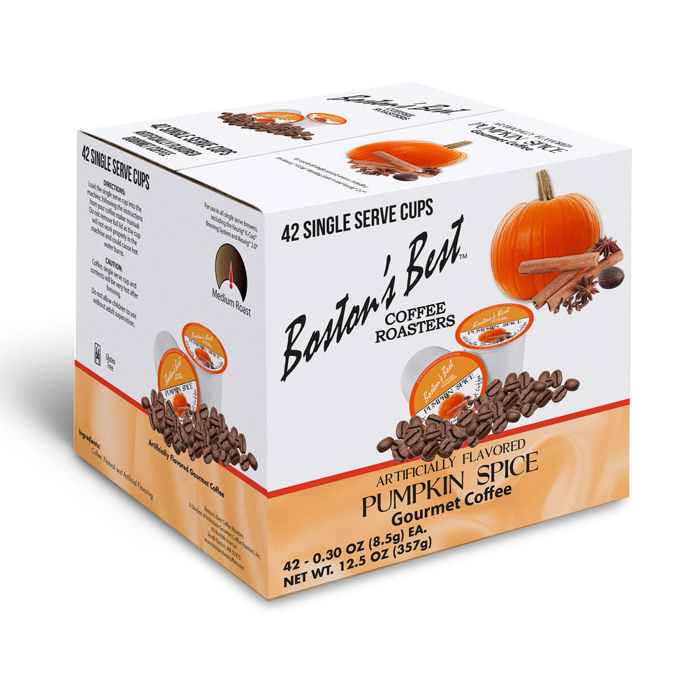 Boston's Best caja frontal mostrando 42 cápsulas y sabor Pumpkin Spice