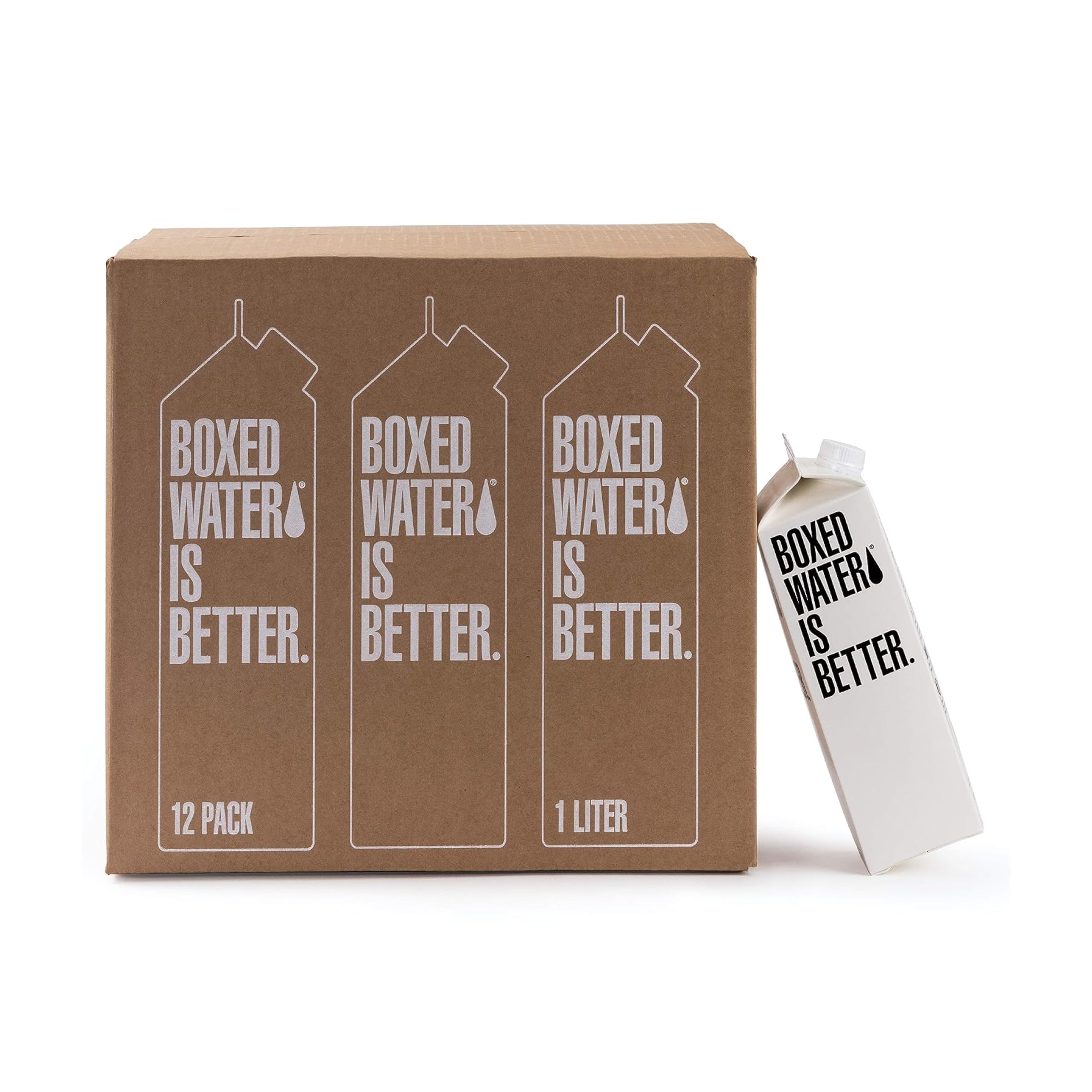 BOXED WATER IS BETTER frente del cartón 1L mostrando diseño sostenible y fácil transporte