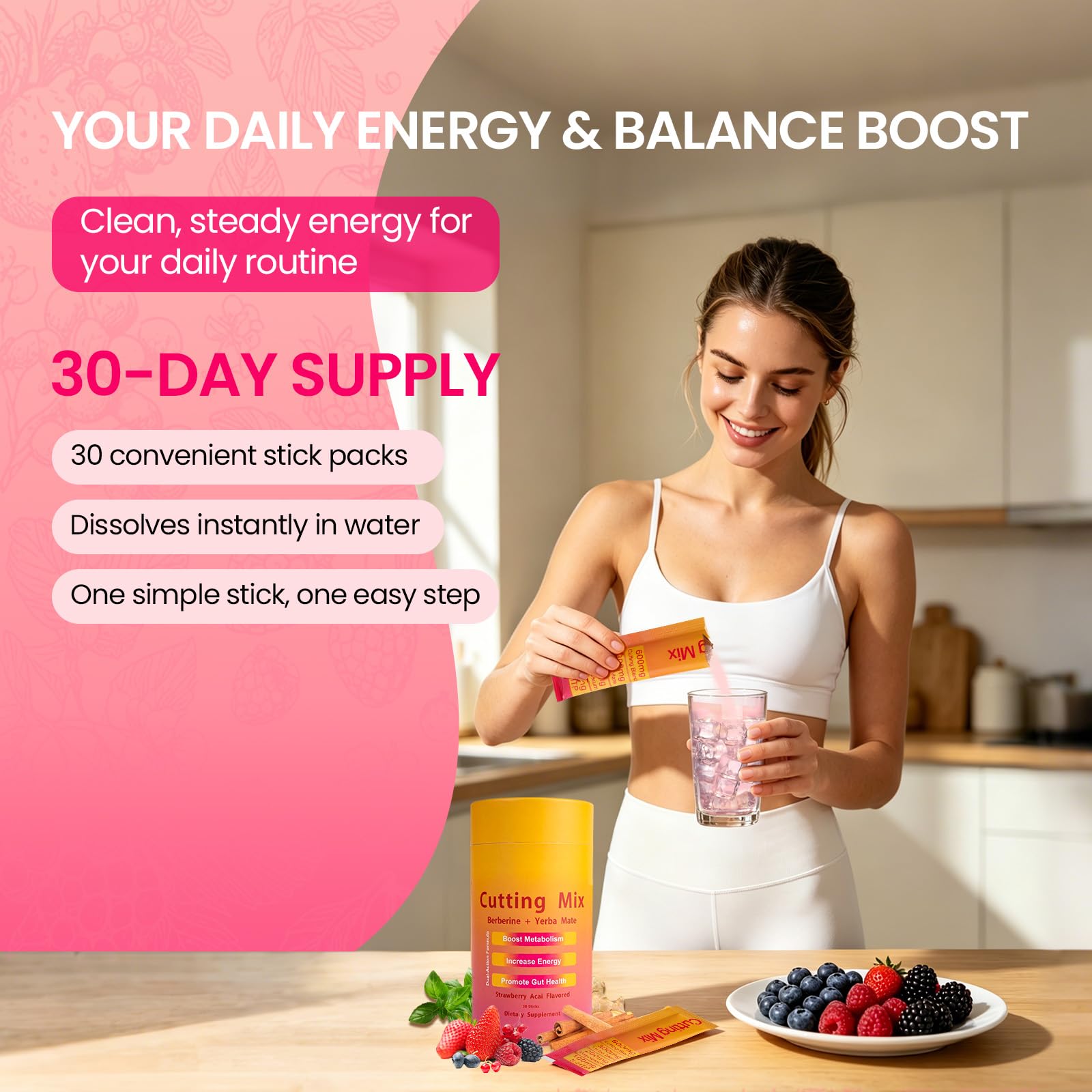 BOYAO vaso preparado sabor fresa‑açai, energía suave y refrescante