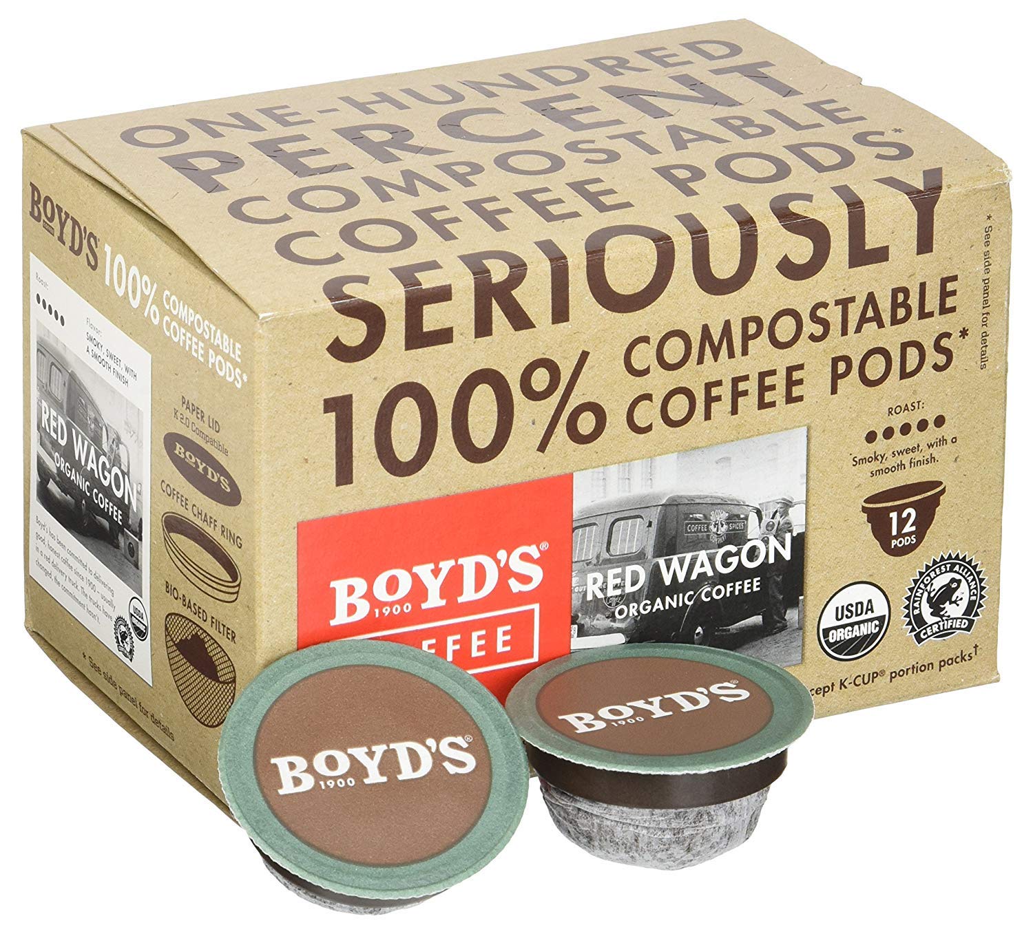 Boyd's Coffee paquete frontal mostrando cápsulas compostables y diseño