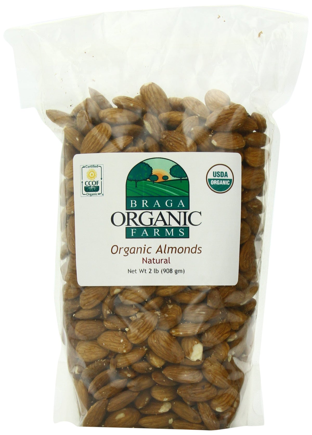 Braga Organic Farms paquete frontal de almendras 2 lb mostrando etiqueta y certificación CCOF