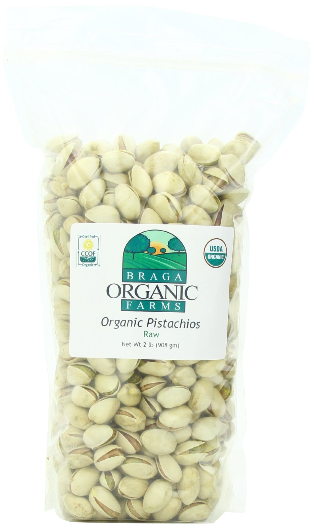Braga Organic Farms paquete frontal mostrando etiqueta orgánica y beneficio de frescura