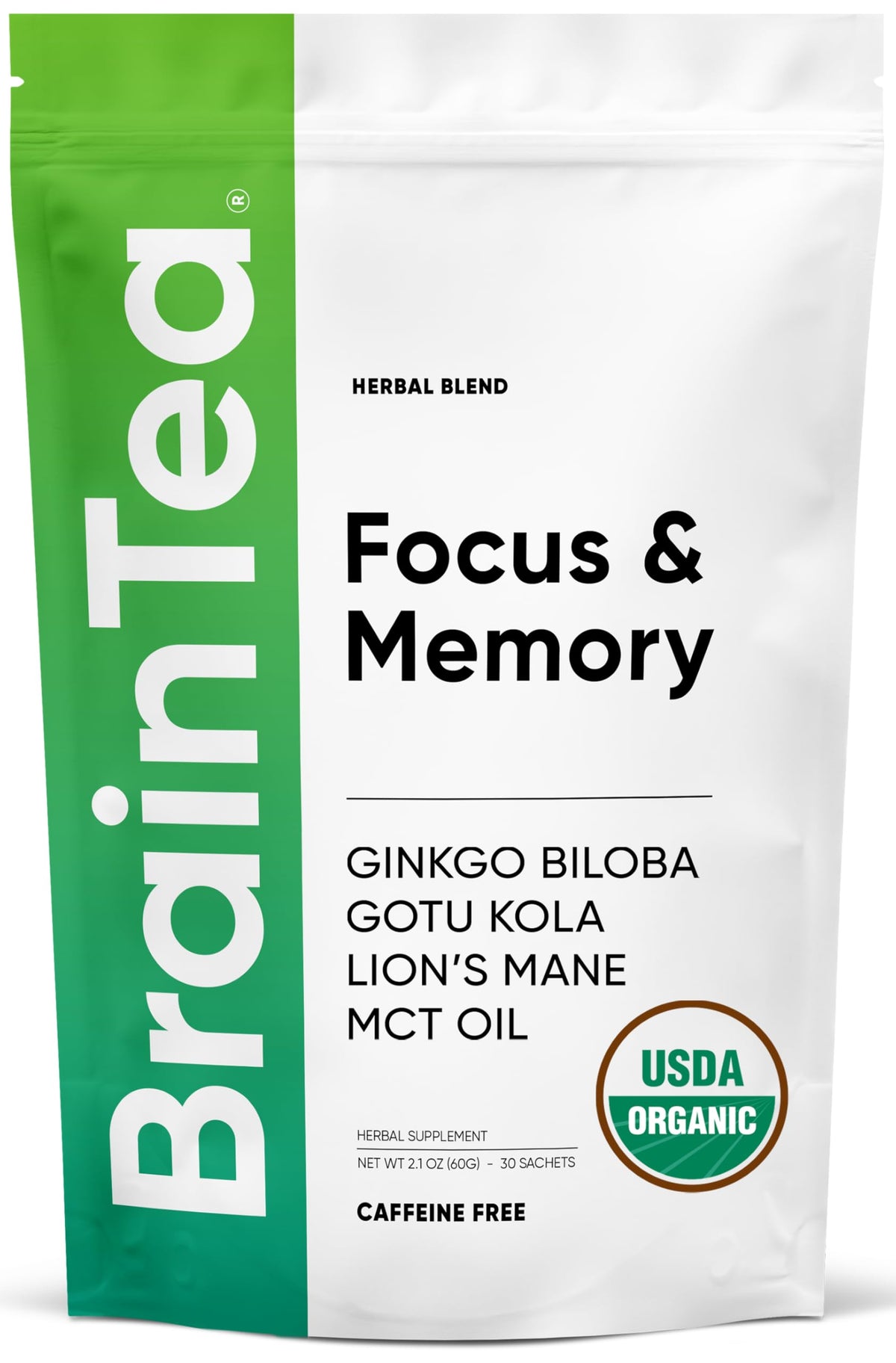 Brain Tea envase frontal mostrando 30 sachets y beneficio enfoque diario