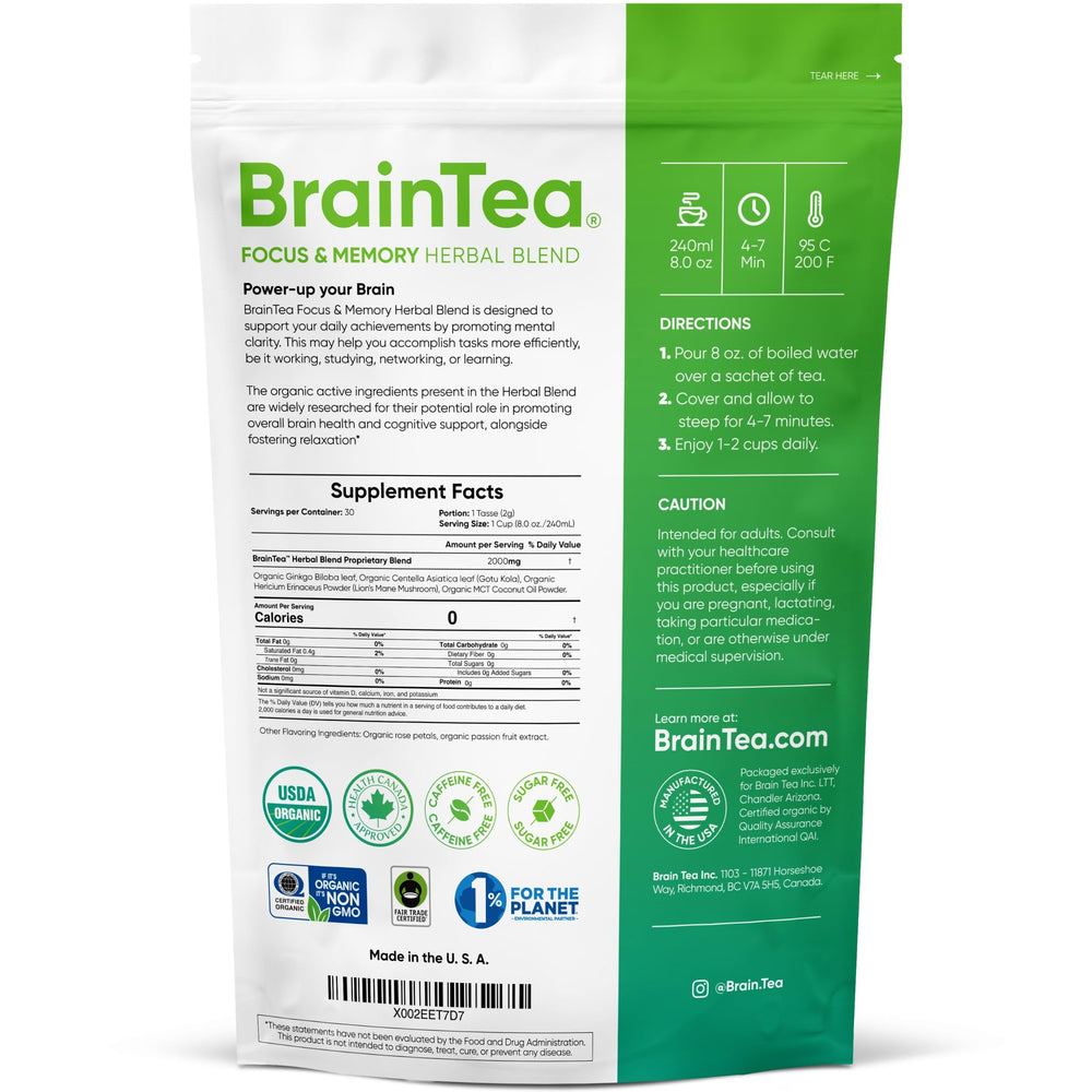 Brain Tea etiqueta con certificaciones orgánicas y transparencia de ingredientes