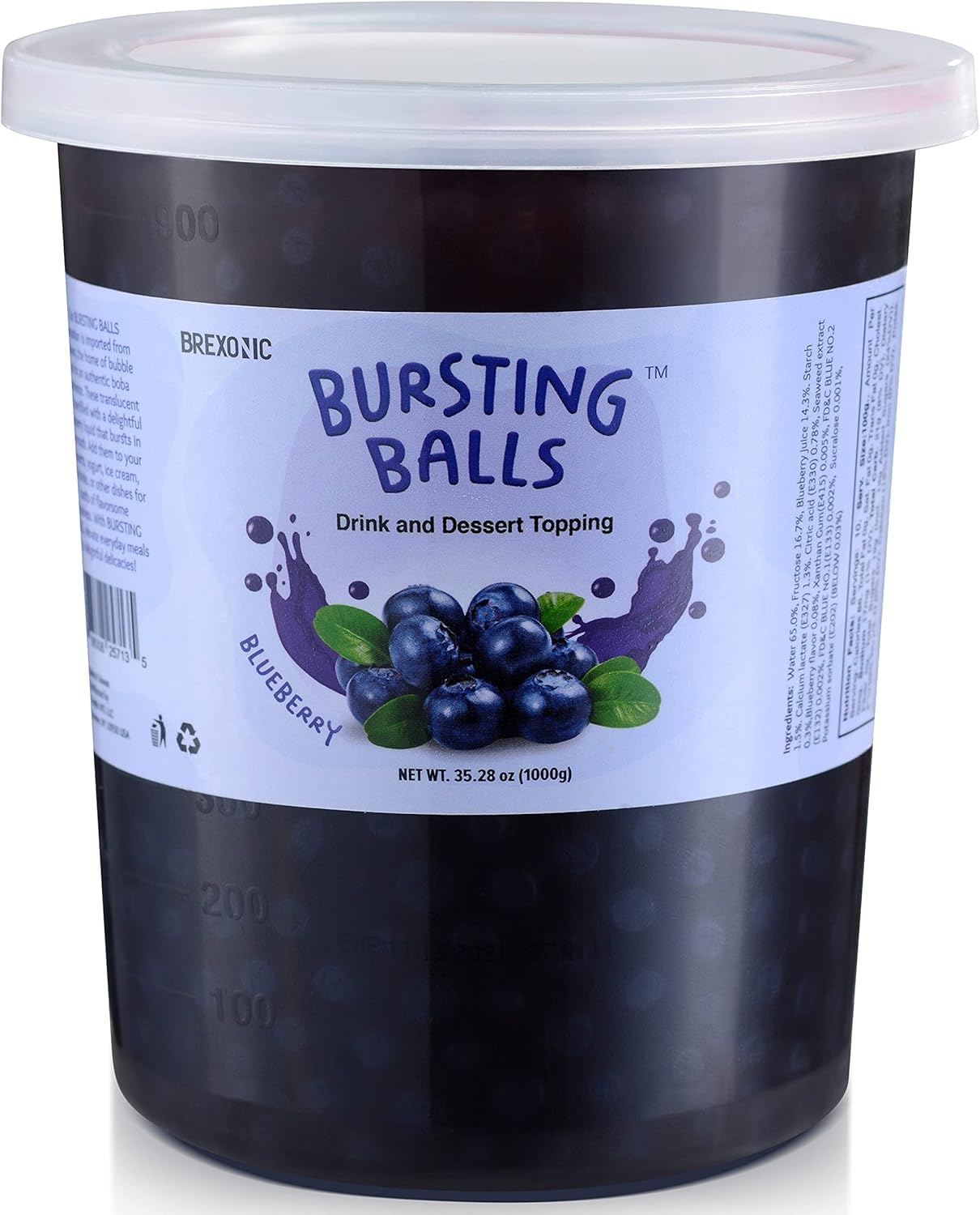 BREXONIC envase frontal mostrando perlas blueberry y almacenamiento práctico