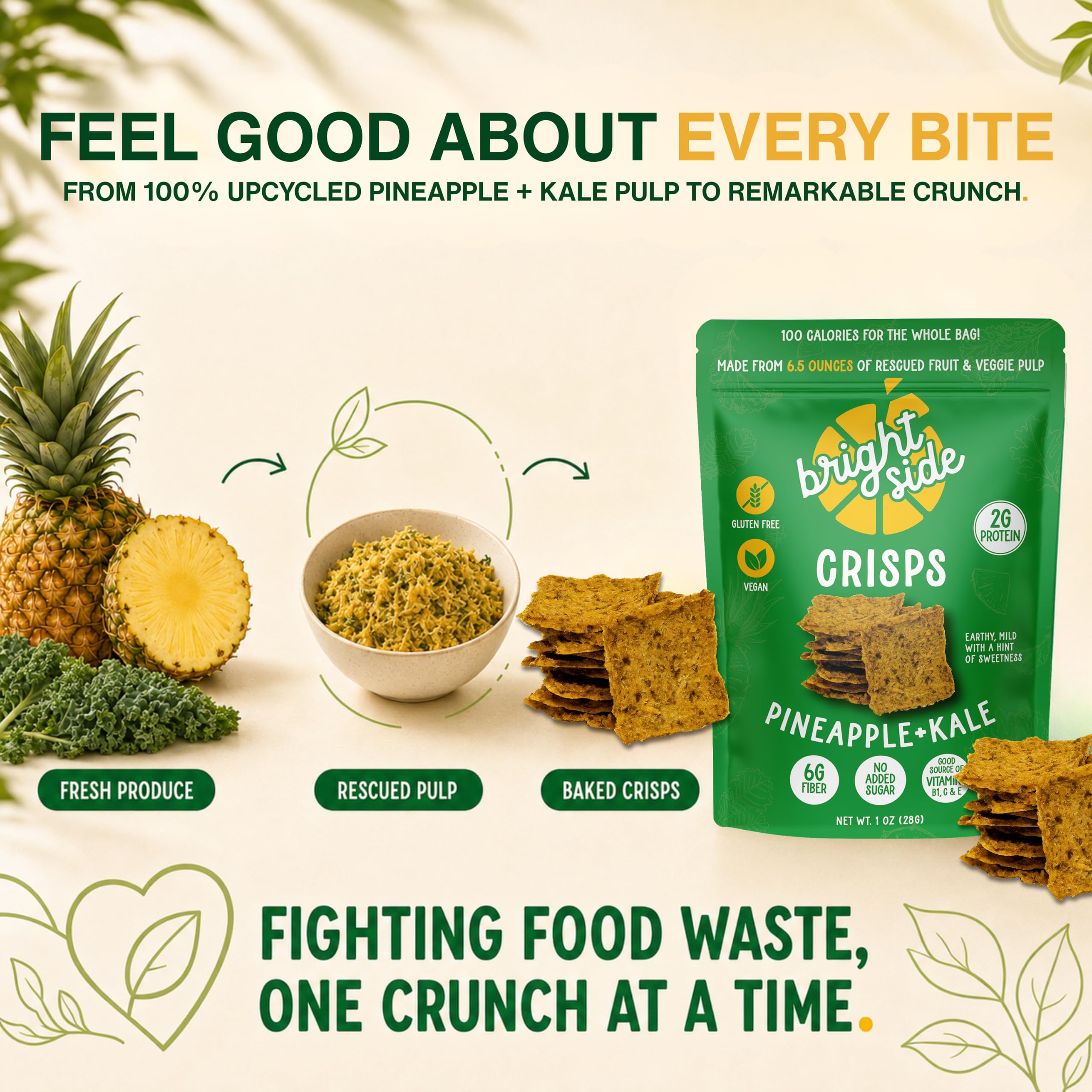BRIGHT SIDE etiqueta nutricional y sellos vegano, sin gluten y kosher visibles