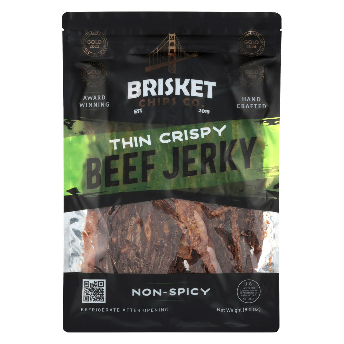 Brisket Chips Co frente del paquete mostrando etiqueta y tamaño, conveniencia inmediata