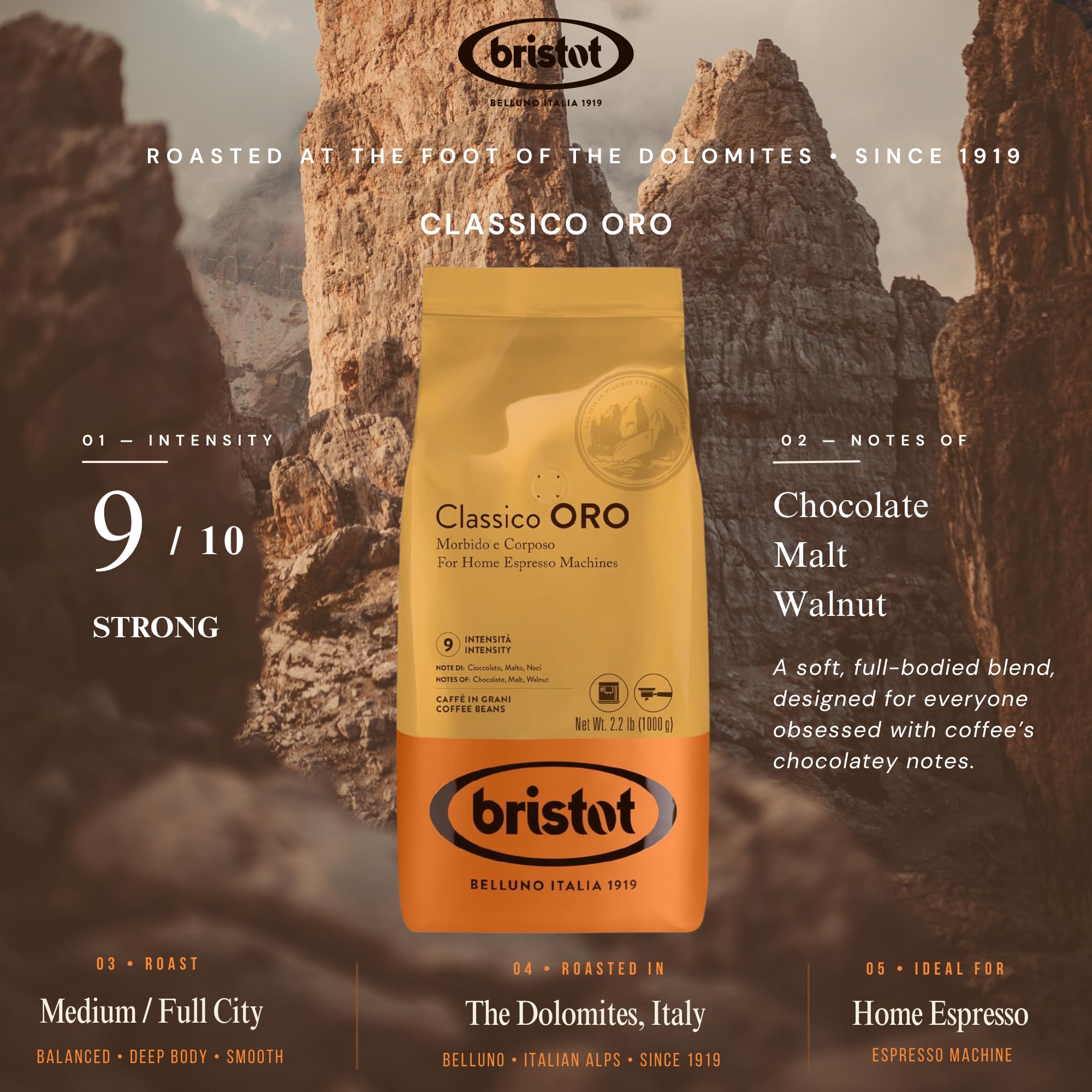 Bristot granos enteros primer plano resaltando uniformidad y aroma intenso