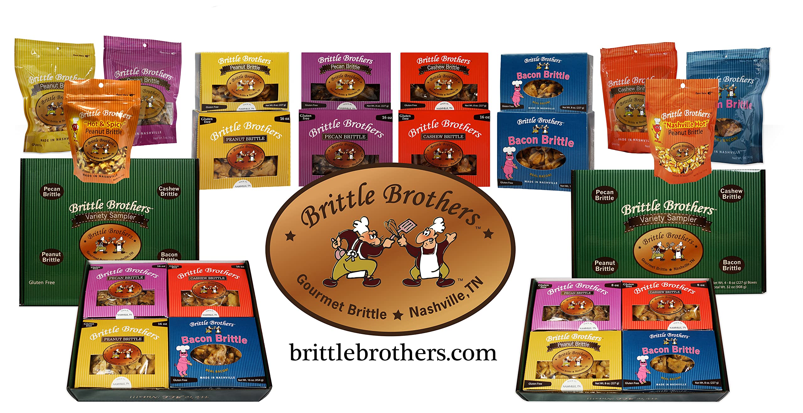 Brittle Brothers piezas apiladas mostrando abundancia de anacardos