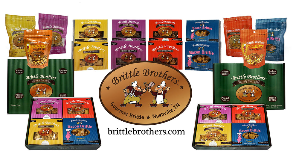 Brittle Brothers piezas apiladas mostrando abundancia de anacardos
