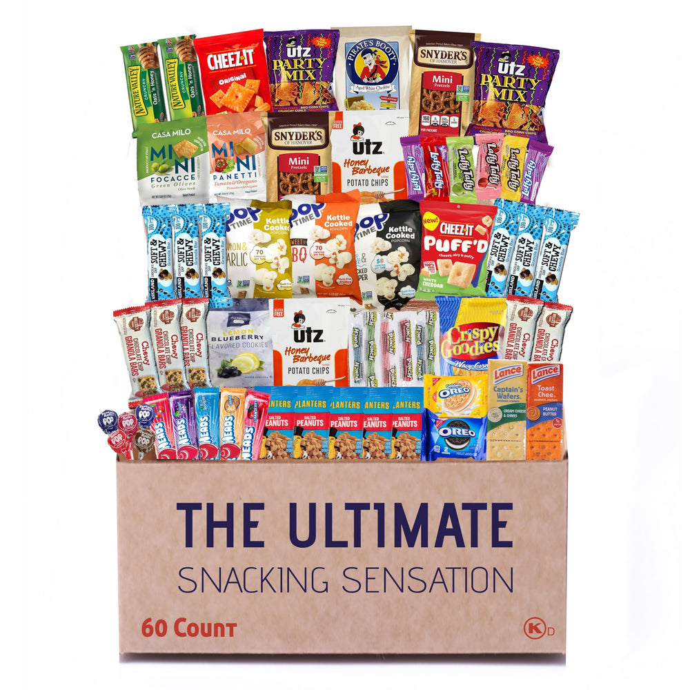 Broadway Basketeers caja frontal abierta mostrando 60 snacks, ideal para regalar