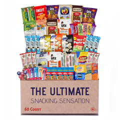 Broadway Basketeers caja frontal abierta mostrando 60 snacks, ideal para regalar