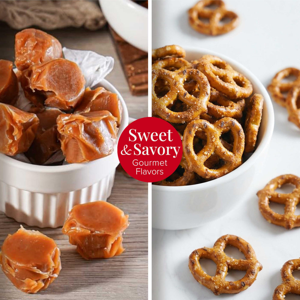 Broadway Basketeers selección de snacks en vista superior para variedad de sabores