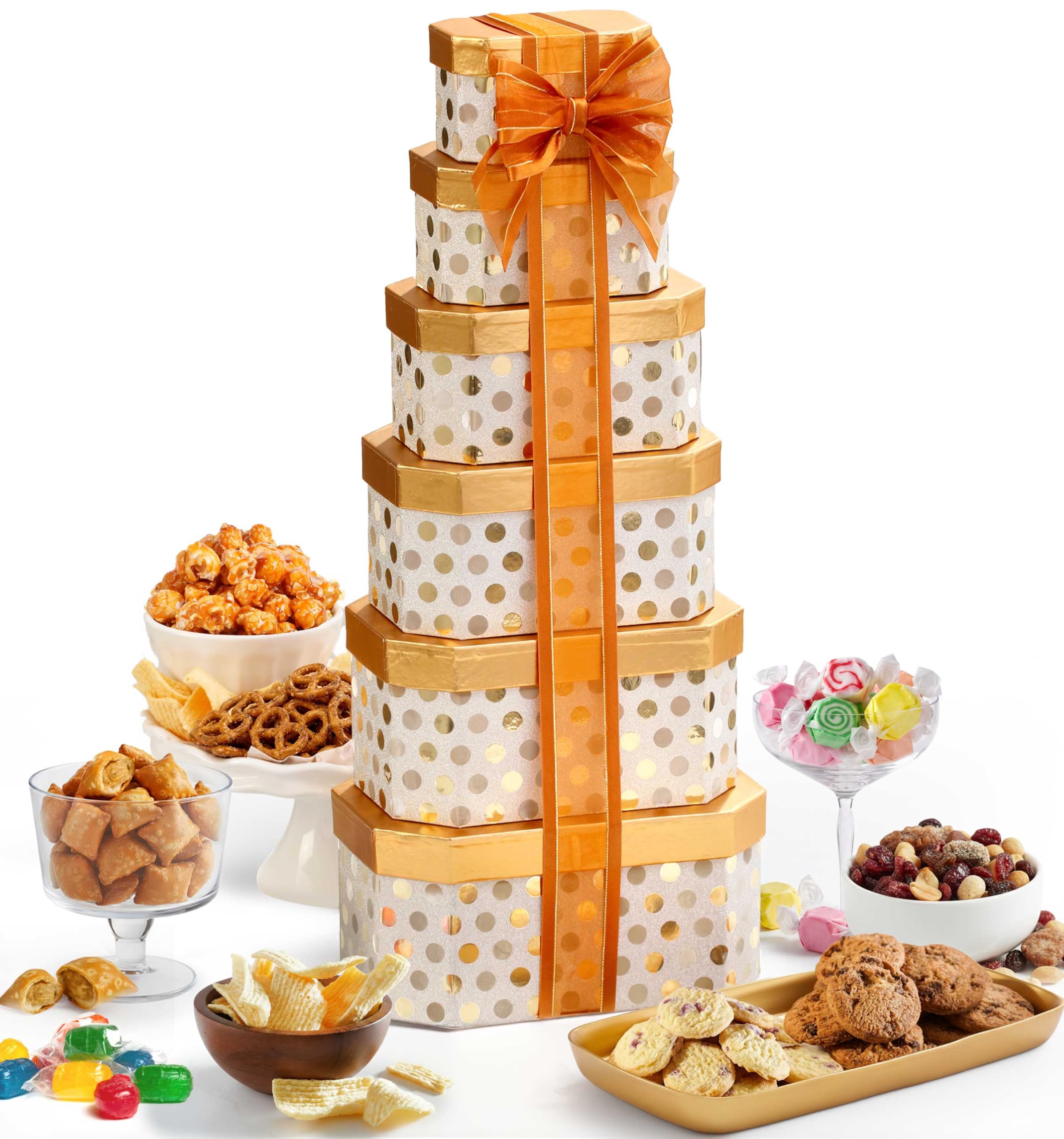 Broadway Basketeers torre frontal lista para regalar con lazo y presentación cuidada
