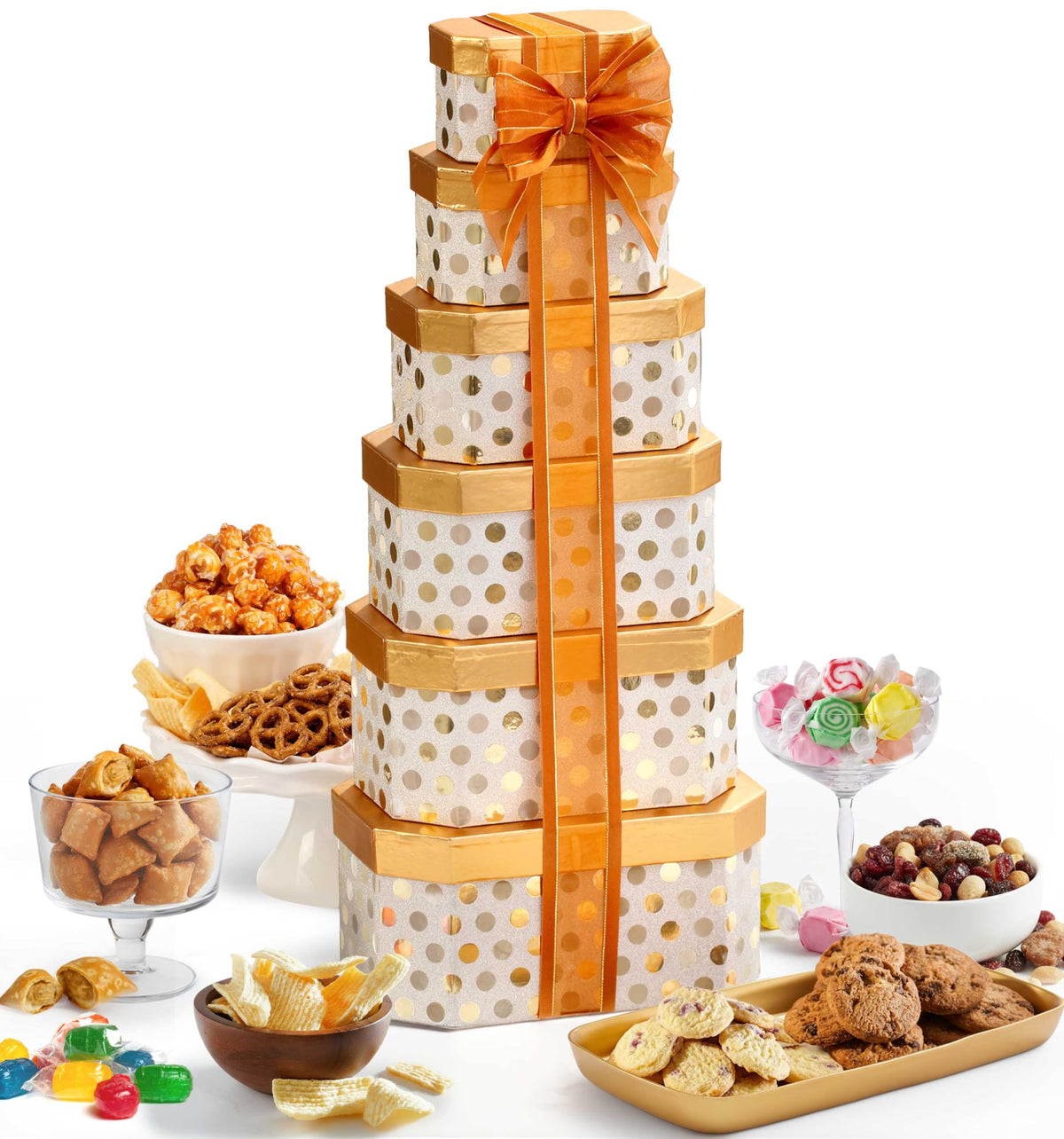 Broadway Basketeers torre frontal lista para regalar con lazo y presentación cuidada