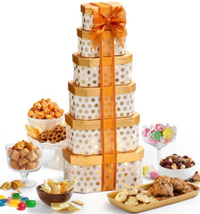 Broadway Basketeers torre frontal lista para regalar con lazo y presentación cuidada