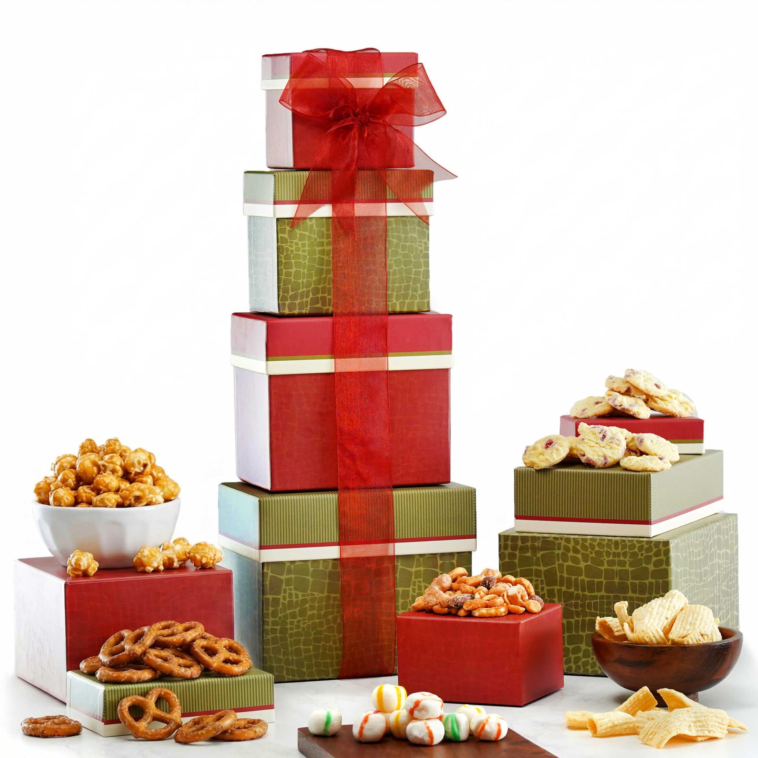 Broadway Basketeers torre frontal muestra 4 lb de snacks y presentación lista