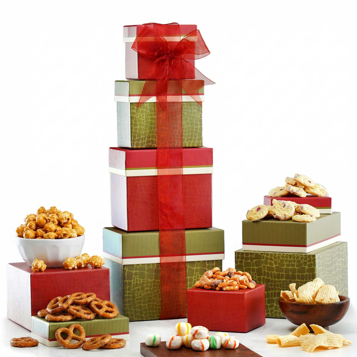 Broadway Basketeers torre frontal muestra 4 lb de snacks y presentación lista