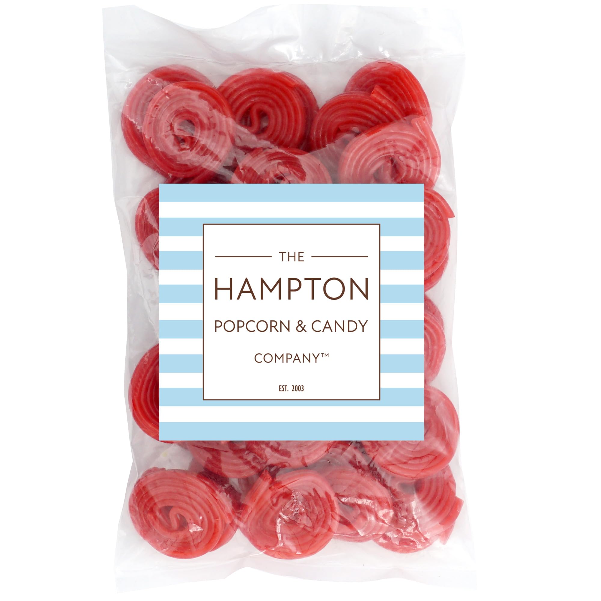THE HAMPTON CANDY COMPANY primer plano de rueda de regaliz mostrando textura masticable